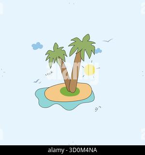 Design tropicale isola senza cuciture con palme, onde oceaniche e sole in grazioso stile vettoriale pastello per viaggi, estate e vacanze Illustrazione Vettoriale