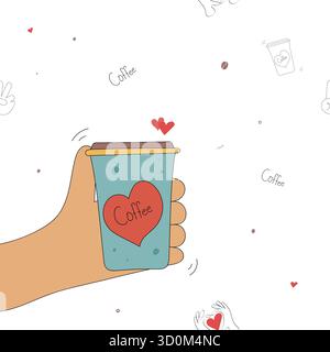 Grazioso design con motivo senza cuciture per caffè con tazze, cuori e scarabocchi disegnati a mano in stile vettoriale minimale per sfondi di caffè e stampe accoglienti Illustrazione Vettoriale