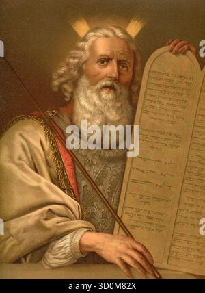 Scena biblica, Bibbia, Mosè con le Tavole dei Comandamenti, Tavole della legge, Mosè riceve le due tavolette di pietra con i dieci Comandamenti di Dio sul Monte Sinai, illustrazione, riproduzione da un originale del XIX secolo. File autentico ripristinato per un uso ottimale, data esatta dell'originale sconosciuto, storico Foto Stock