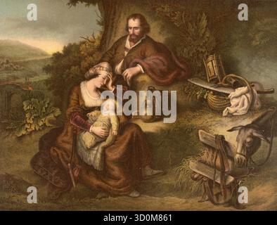 Scena biblica, Bibbia, sosta durante il volo per l'Egitto, un evento biblico descritto nel Vangelo di Matteo. Racconta come Giuseppe e la sua famiglia fuggirono in Egitto per proteggere il neonato Gesù dalle persecuzioni di re Erode. Illustrazione, riproduzione da un originale del XIX secolo. File autentico ripristinato per un utilizzo ottimale, data esatta dell'originale sconosciuta. Storico. Foto Stock