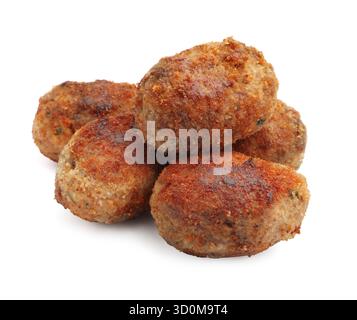 Molte gustose polpettine di carne isolate su bianco Foto Stock