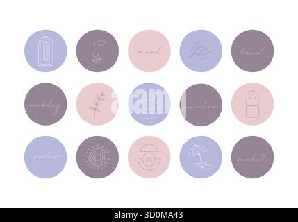 Set di adesivi minimalisti sul tema dell'estate e riposo in colori pastello. Adesivi vettoriali in stile boho. Icone rotonde estetiche ed eleganti. Foto Stock