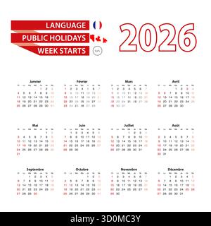 Calendario 2026 in lingua francese con giorni festivi il paese del Canada nell'anno 2026. La settimana inizia da domenica. Illustrazione vettoriale. Illustrazione Vettoriale