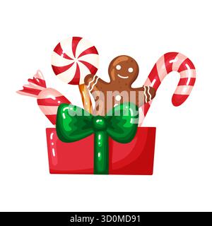 Confezione regalo rossa per le feste con fiocco verde pieno di dolcetti natalizi. Include un sorridente gingerbread, canna da zucchero, lecca lecca a righe e caramelle avvolte. Illustrazione Vettoriale