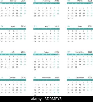 Icona del calendario 2026 in stile piatto. Illustrazione vettoriale Planner su sfondo isolato. Il calendario firma il concetto di business. Illustrazione Vettoriale