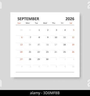 Icona del calendario settembre 2026 in stile piatto. Illustrazione vettoriale Planner su sfondo isolato. Il calendario firma il concetto di business. Illustrazione Vettoriale