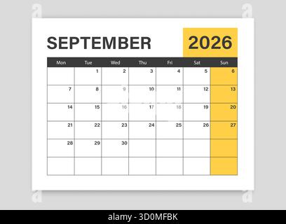 Icona del calendario settembre 2026 in stile piatto. Illustrazione vettoriale Planner su sfondo isolato. Il calendario firma il concetto di business. Illustrazione Vettoriale