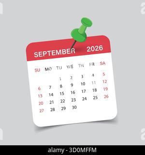 Icona del calendario settembre 2026 in stile piatto. Illustrazione vettoriale Planner su sfondo isolato. Il calendario firma il concetto di business. Illustrazione Vettoriale