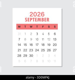 Icona del calendario settembre 2026 in stile piatto. Illustrazione vettoriale Planner su sfondo isolato. Il calendario firma il concetto di business. Illustrazione Vettoriale