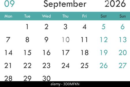 Icona del calendario settembre 2026 in stile piatto. Illustrazione vettoriale Planner su sfondo isolato. Il calendario firma il concetto di business. Illustrazione Vettoriale