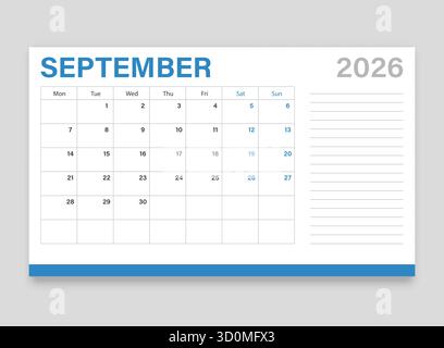 Icona del calendario settembre 2026 in stile piatto. Illustrazione vettoriale Planner su sfondo isolato. Il calendario firma il concetto di business. Illustrazione Vettoriale