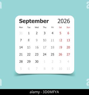 Icona del calendario settembre 2026 in stile piatto. Illustrazione vettoriale Planner su sfondo isolato. Il calendario firma il concetto di business. Illustrazione Vettoriale