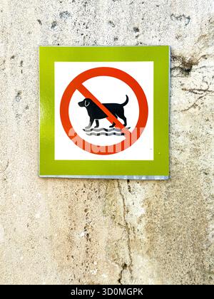 Cartello segnaletico sulle pareti testurizzate che indica che i cani non sono ammessi nella spiaggia o nell'acqua di mare, utilizzando una grafica rossa e nera in grassetto Foto Stock