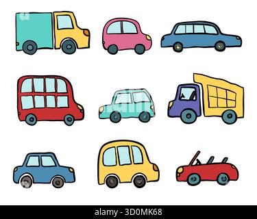 Grande set di cartoni animati disegnati a mano per il design dei bambini. Illustrazione vettoriale per confezionamento, imballaggio, poster, web design, tessuto per bambini, tessile Illustrazione Vettoriale