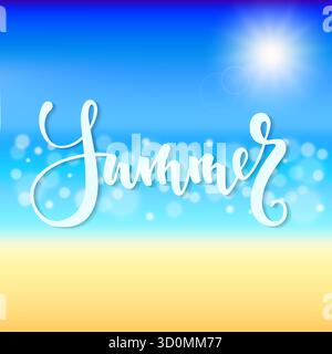 Ora legale. Pennello disegnato a mano, splendida spiaggia estiva con scintillante acqua di mare. progettare biglietti d'auguri e inviti Illustrazione Vettoriale