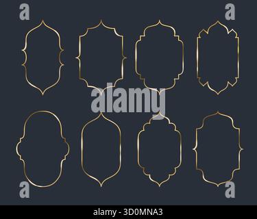 Cornici in oro ad arco arabo con motivi geometrici islamici per un design ornamentale o bordi decorativi. Eleganti sagome orientali delle finestre delle moschee e della tradizionale architettura mediorientale. Illustrazione Vettoriale