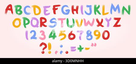 Alfabeto colorato dipinto a mano in stile pastello per la tipografia dei bambini. Lettere, cifre e simboli di punteggiatura multicolore brillanti con una texture artistica giocosa su sfondo rosa chiaro. Illustrazione Vettoriale