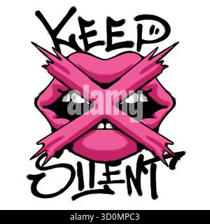 Labbra rosa e maglietta streetwear Keep Silent Urban Illustrazione Vettoriale
