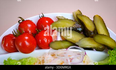 Set di sottaceti fermentati tritati, pomodori e crauti decorati con vegetazione e cipolla rossa in ciotola marrone argilla. Raccolta di antipasti salati fatti in casa a base di verdure poste su un supporto di paglia. Foto Stock