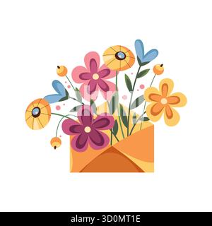 Busta con icona vettoriale fiori. Lettera romantica o messaggio di cuore, saluto floreale decorativo o elemento di invito. Simbolo della posta o consegna del messaggio postale. Corrispondenza e natura. Illustrazione Vettoriale