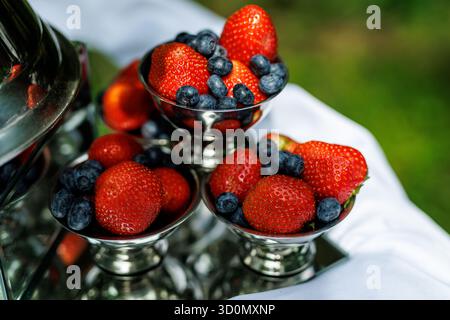 Fragole e mirtilli freschi disposti in ciotole da dessert in metallo per il catering o buffet di frutta all'aperto. Foto Stock