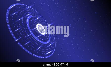 Interfaccia circolare astratta futuristica illuminata nello spazio profondo, che rappresenta la tecnologia digitale e l'innovazione, illustrazione vettoriale Illustrazione Vettoriale