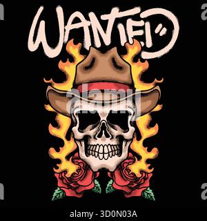 Teschio con cappello da cowboy per illustrazione streetwear Illustrazione Vettoriale