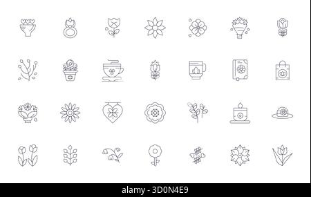 Confezione essenziale di 28 icone vettoriali modificabili per il design floreale in formato sottile, con dimensioni di 256x256 per prestazioni e scalabilità ottimali. Illustrazione Vettoriale