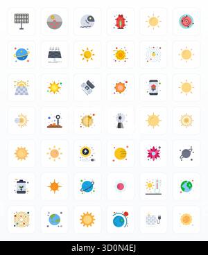 Rivoluzionario set di 42 icone vettoriali con montaggio a griglia ispirate al solare, create in formato piatto ad alta risoluzione per un design all'avanguardia. Illustrazione Vettoriale