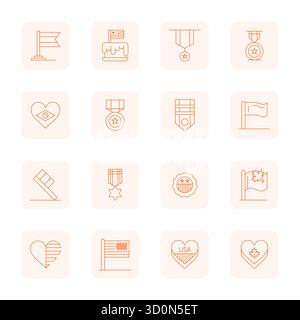 16 icone vettoriali create in modo magistrale che rappresentano il patriottismo nel design Thin Outline, con risoluzione modificabile 128x128 per un'eccezionale qualità visiva Illustrazione Vettoriale