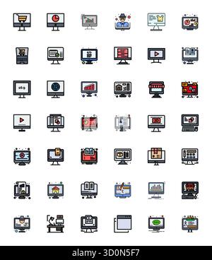 Pacchetto essenziale di 42 icone vettoriali modificabili per lo schermo del computer in formato Line filled, con dimensioni di 128x128 per prestazioni e scalabilità ottimali. Illustrazione Vettoriale