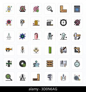 Confezione vettoriale con 36 icone allineate ai pixel della linea riempita ispirate alla precisione e fornite in risoluzione 64 x 64, ideale per lavori di progettazione scalabili e creativi. Illustrazione Vettoriale