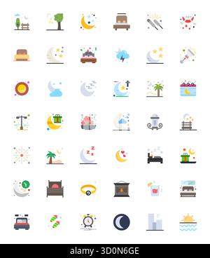 Confezione curata di 42 icone vettoriali 256x256 con design piatto, incentrata sui concetti notturni con display Perfect Clarity. Illustrazione Vettoriale