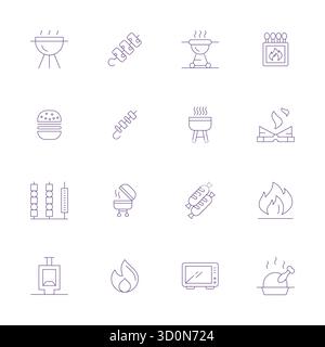 Collezione contemporanea di 16 icone vettoriali che rappresentano il Grill nell'estetica Thin Line, con risoluzione ottimizzata 256x256 pixel per applicazioni moderne Illustrazione Vettoriale