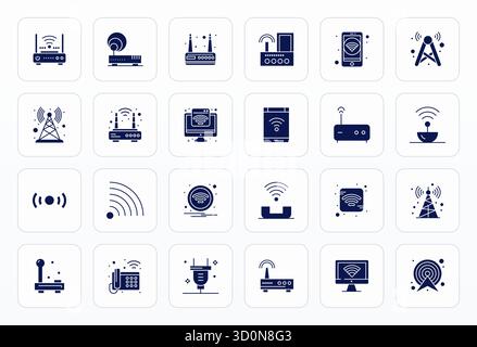 Un set dinamico di 24 icone vettoriali in glifo, personalizzato per modem con qualità 128x128 con griglia adatta per prodotti digitali. Illustrazione Vettoriale
