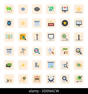 Una raccolta pulita di 36 icone vettoriali piatte che rappresentano Review, progettate in formato ottimizzato 64 x 64 pixel per dashboard e interfacce moderne. Illustrazione Vettoriale