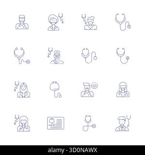 16 icone vettoriali Thin Line per stetoscopio realizzate meticolosamente, fornite in 64 x 64 PIXEL DI qualità perfetta per standard di progettazione senza compromessi. Illustrazione Vettoriale