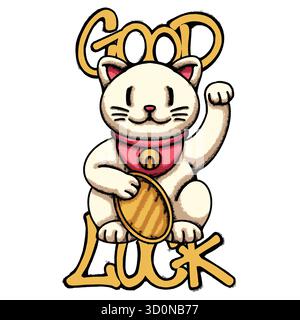 Illustrazione tshirt disegnata a mano da Lucky Cat Maneki Neko Illustrazione Vettoriale