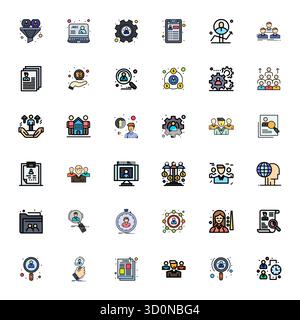 Set semplificato di 36 icone vettoriali per l'estetica delle risorse umane in linea, con risoluzione modificabile 256x256 per un'esperienza utente senza interruzioni. Illustrazione Vettoriale