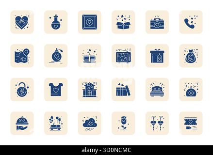 Scopri un set di 24 icone vettoriali piene create per il tema romantico, con design modificabili 64 x 64, ideali per i moderni progetti UI/UX. Illustrazione Vettoriale