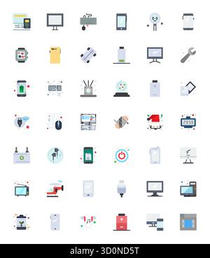 Collezione professionale di 42 icone vettoriali piatte che rappresentano Gadget, realizzate con 64 x 64 PIXEL, precisione perfetta per le applicazioni aziendali. Illustrazione Vettoriale