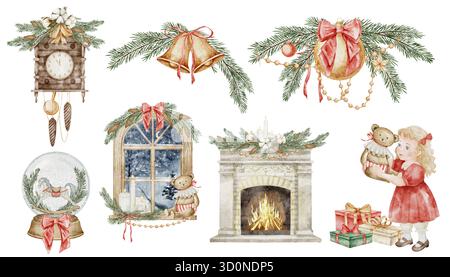 Composizioni di acquerelli natalizie con elementi natalizi: Finestra, caminetto, regali e giocattoli. Illustrazione di ornamenti di alberi di Natale in stile vintage per biglietti di auguri e poster di Capodanno. Foto Stock