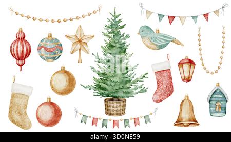 Acquerello, albero di Natale e ornamenti con baule, stelle e ghirlande. Illustrazione dell'arredamento natalizio per biglietti d'auguri natalizi e inviti di Capodanno. Clipart festivo per il progetto di design invernale. Foto Stock