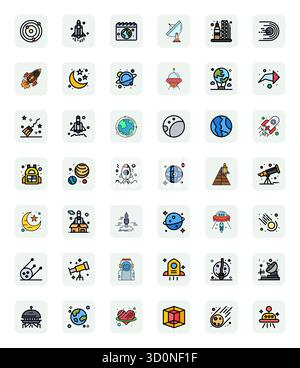Un set dinamico di 42 icone vettoriali in LineFilled, personalizzato per Space con qualità allineata a 128x128 pixel, adatto per i prodotti digitali. Illustrazione Vettoriale