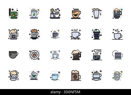 Set di 24 icone vettoriali Flat Line Filled display ispirate a Mug, realizzate con risoluzione 128x128 per un'integrazione perfetta in app e siti Web Illustrazione Vettoriale