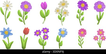 Fioritura di fiori 3D. Bouquet di argilla di cartoni animati, fiore del giardino primaverile con foglie verdi. Tulipani in plastica colorata e margherite, graziosa estate di plastica Illustrazione Vettoriale