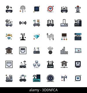 Un set dinamico di 36 icone vettoriali in Flat Line riempito, personalizzato per router con PIXEL ad alta risoluzione qualità perfetta per i prodotti digitali. Illustrazione Vettoriale