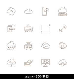 Un set dinamico di 16 icone vettoriali in linea sottile, personalizzato per la sincronizzazione con qualità 256x256 con griglia montata, adatto per i prodotti digitali. Illustrazione Vettoriale
