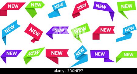 Nuovo segno. Saldi adesivi, tag con nuovo prezzo, nastri di carta a colori. Etichette 3D per prodotti rossi, blu e verdi e sconti promozionali. Pubblicità commerciale Illustrazione Vettoriale