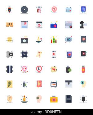 Questo set di 42 icone vettoriali piatte cattura temi di memoria in qualità 64 x 64 modificabile, perfetto per applicazioni tecnologiche e aziendali. Illustrazione Vettoriale